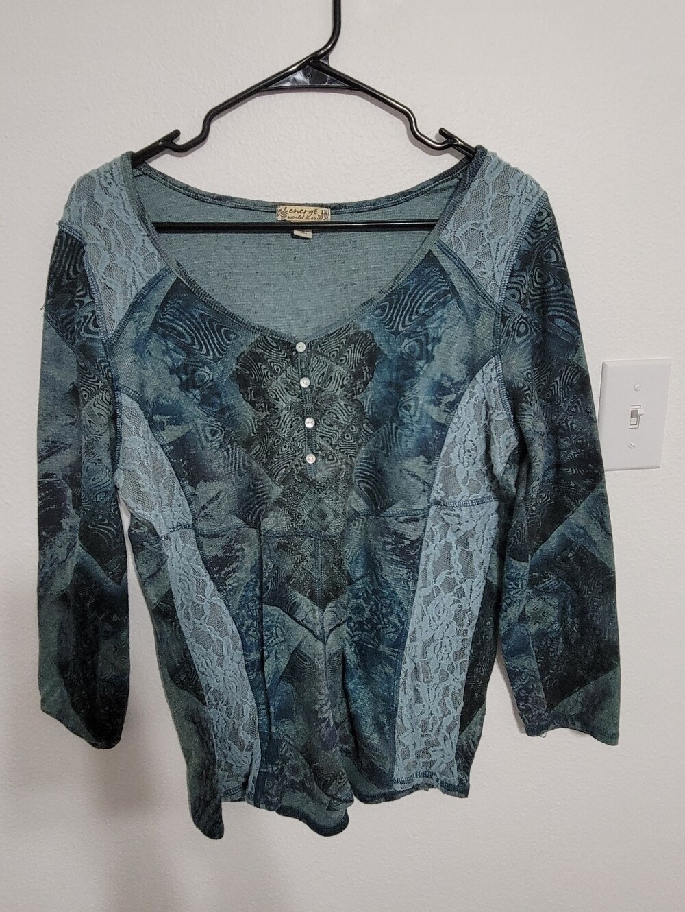 Energie Teal Lace-Panel Long Sleeve V-Neck Top
